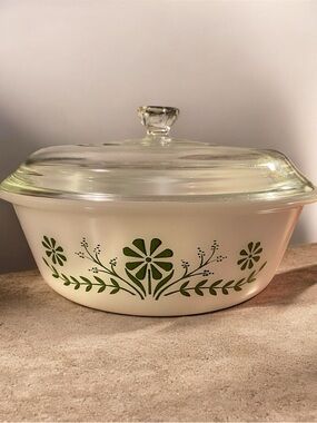 VTG Glasbake 2 Qt Casserole Dish Bowl with Glass Lid Primrose Dream Daisy Green